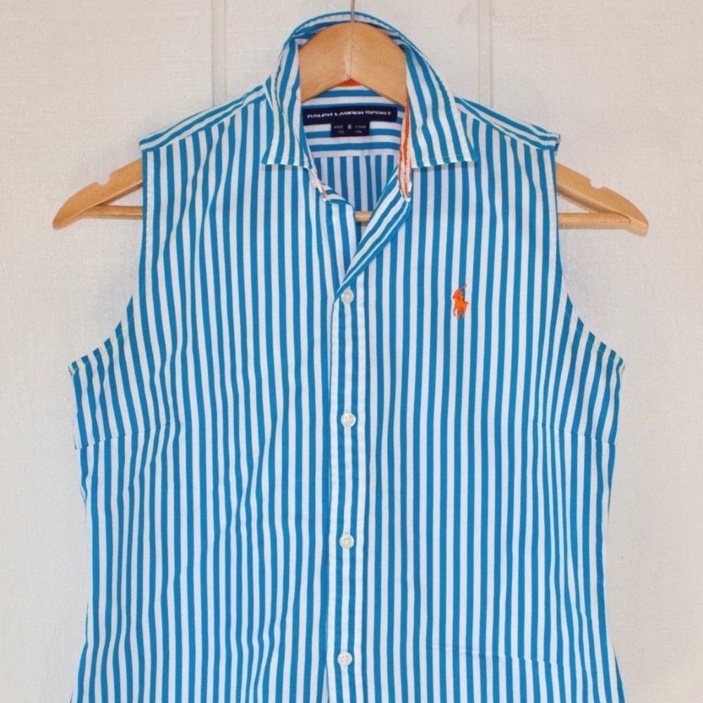 Turquoise Stripe Sleeveless Polo Button Down Shirt